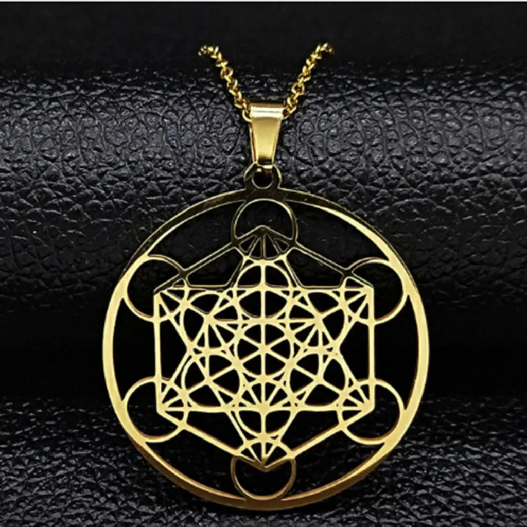Geometric Pendant Necklace With Celestial Charm - Gold Color