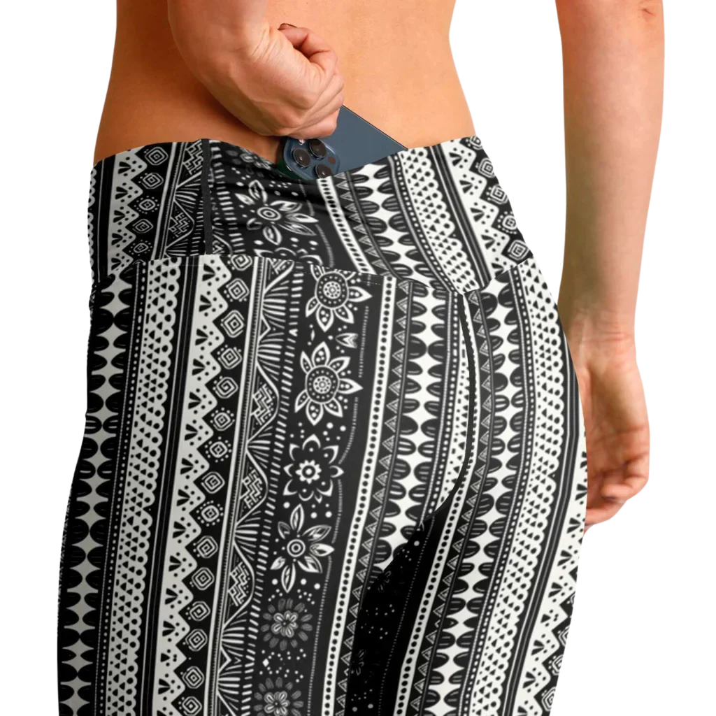Grey Flared Leggings With 70s Ethnic Stripe Print