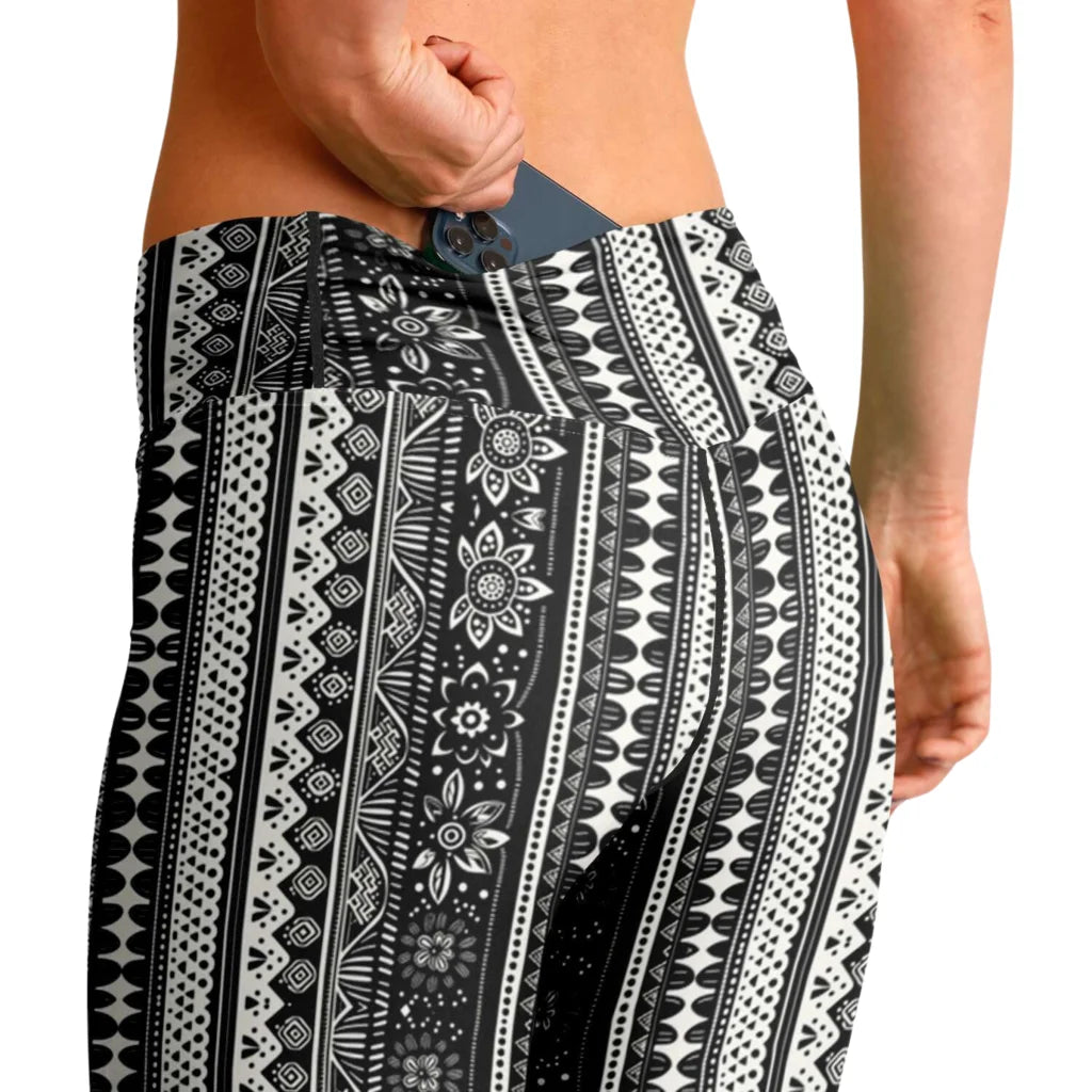 Grey Flared Leggings With 70s Ethnic Stripe Print