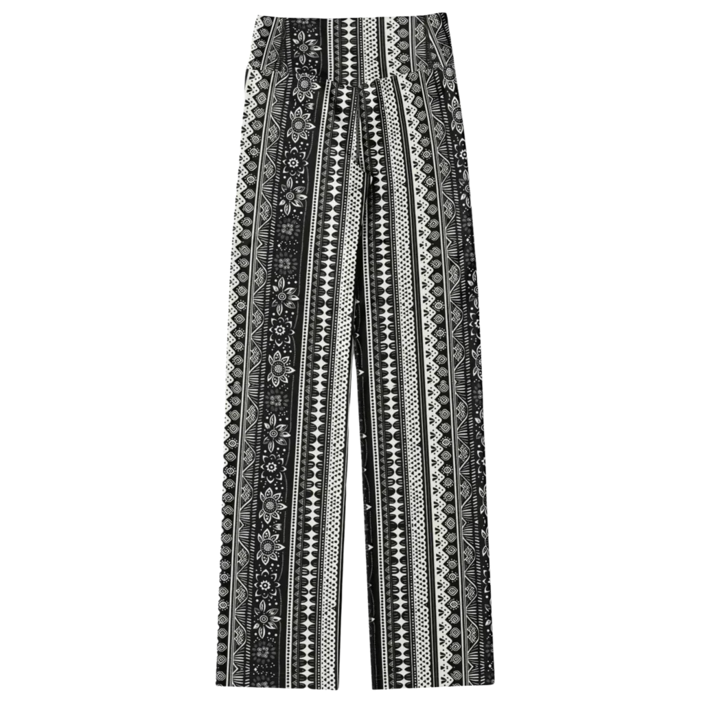 Grey Flared Leggings With 70s Ethnic Stripe Print