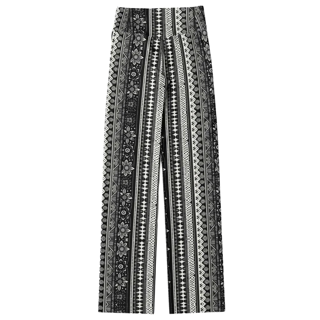 Grey Flared Leggings With 70s Ethnic Stripe Print