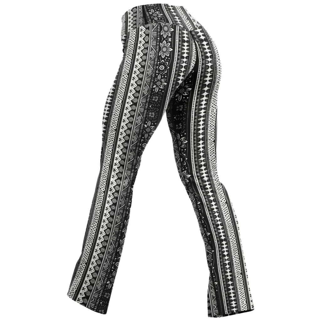 Grey Flared Leggings With 70s Ethnic Stripe Print