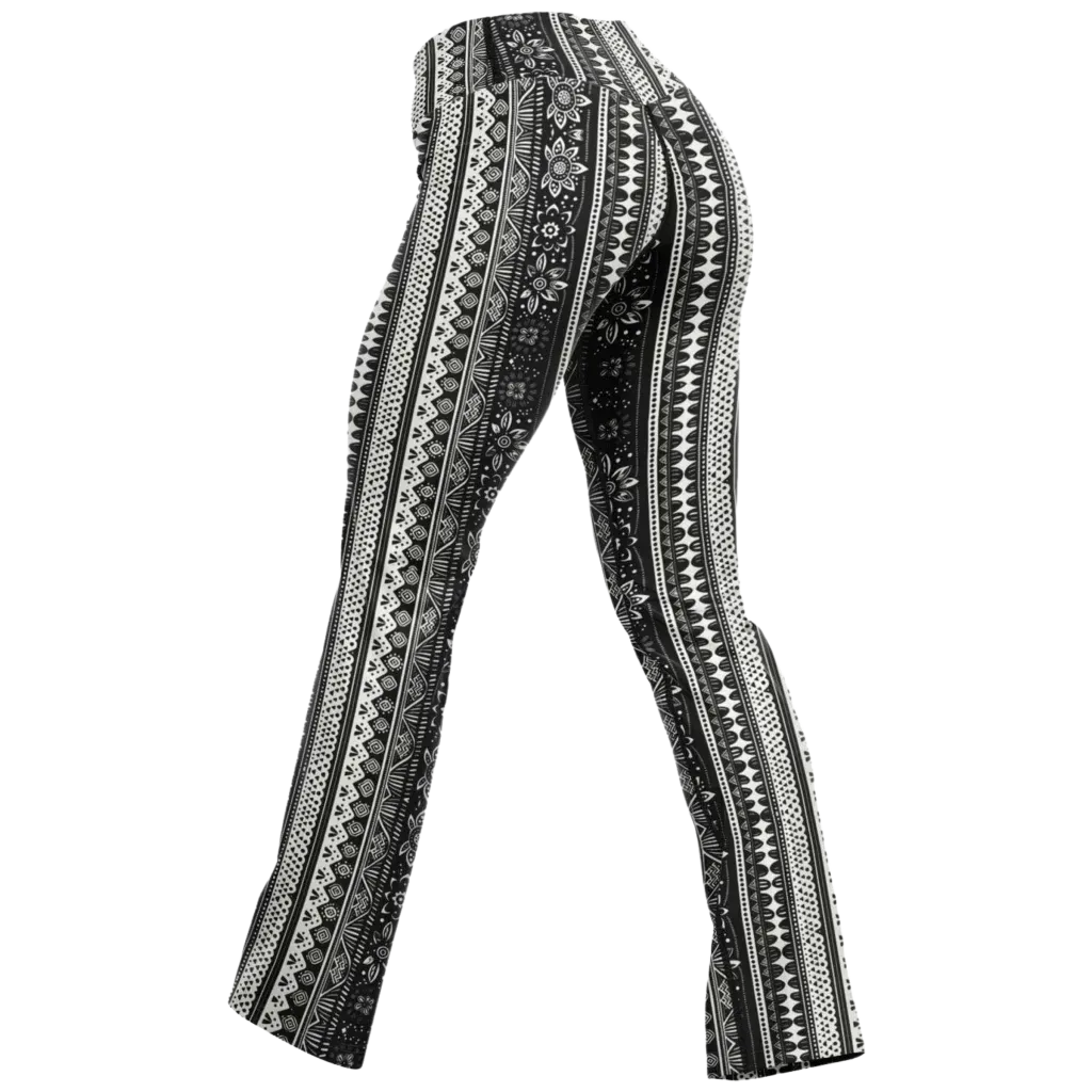 Grey Flared Leggings With 70s Ethnic Stripe Print
