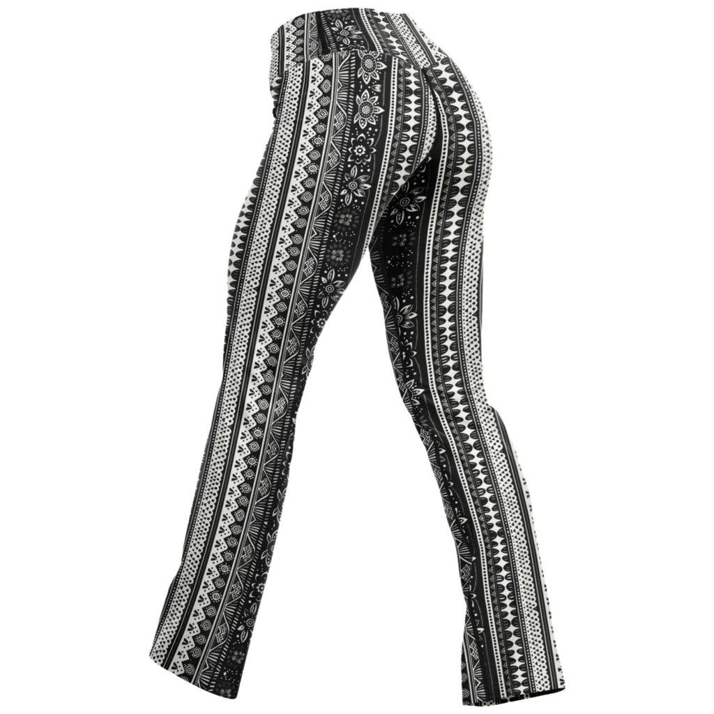 Grey Flared Leggings With 70s Ethnic Stripe Print