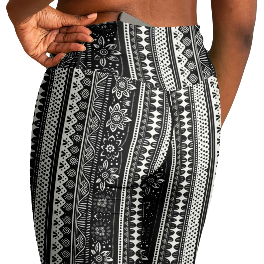 Grey Flared Leggings With 70s Ethnic Stripe Print