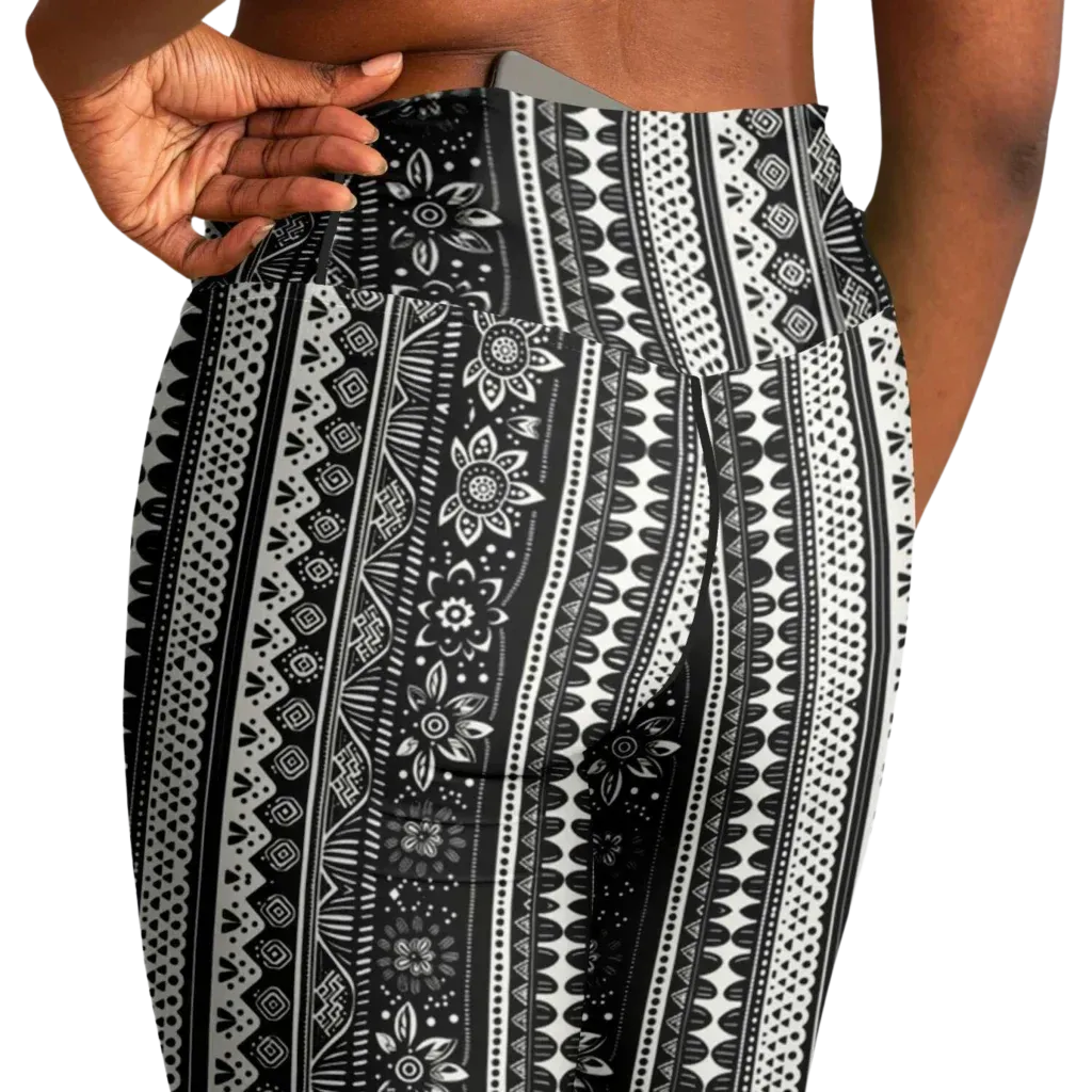 Grey Flared Leggings With 70s Ethnic Stripe Print
