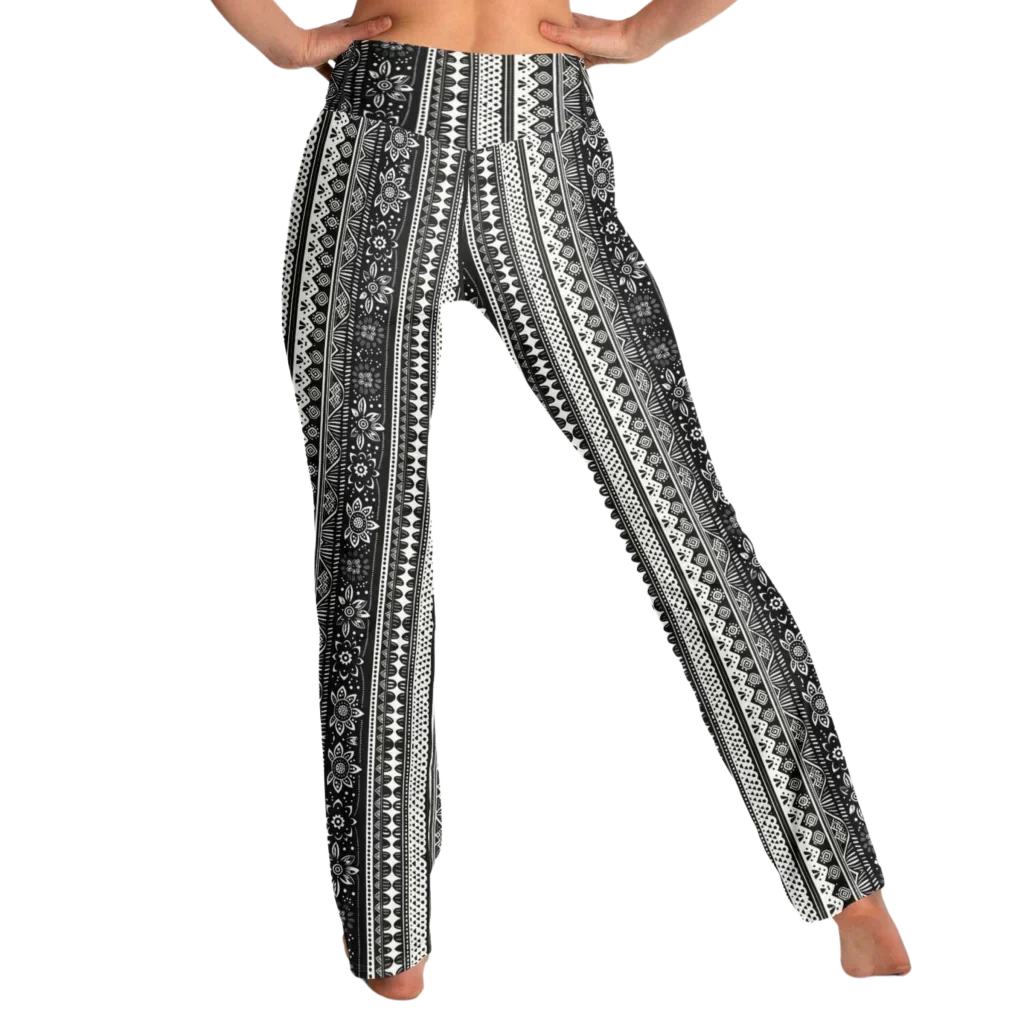 Grey Flared Leggings With 70s Ethnic Stripe Print