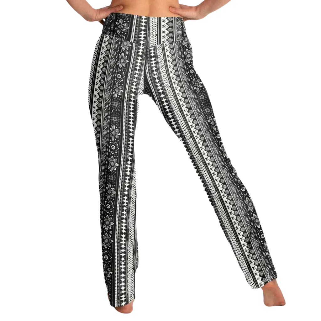 Grey Flared Leggings With 70s Ethnic Stripe Print