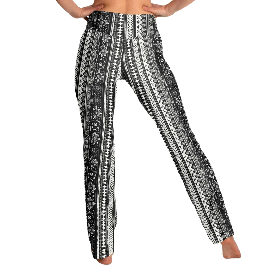 Grey Flared Leggings With 70s Ethnic Stripe Print