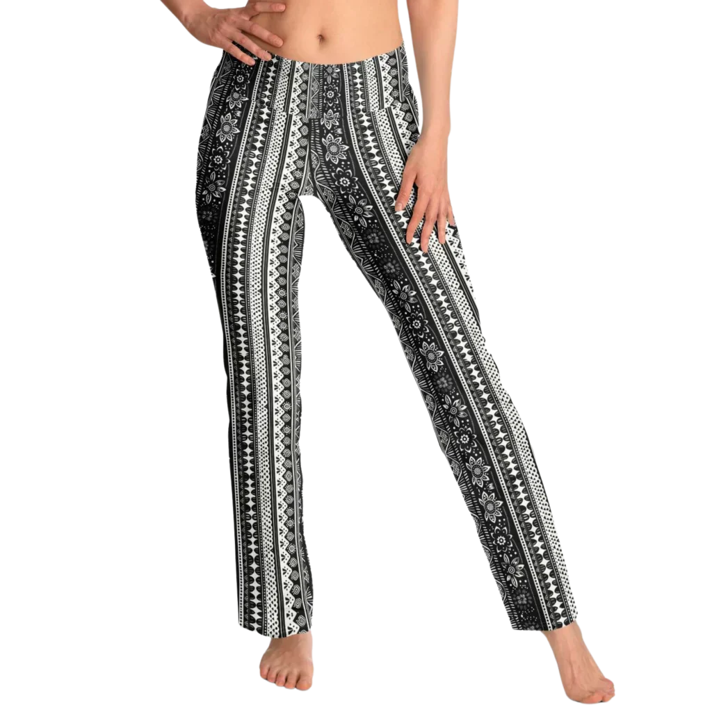 Grey Flared Leggings With 70s Ethnic Stripe Print