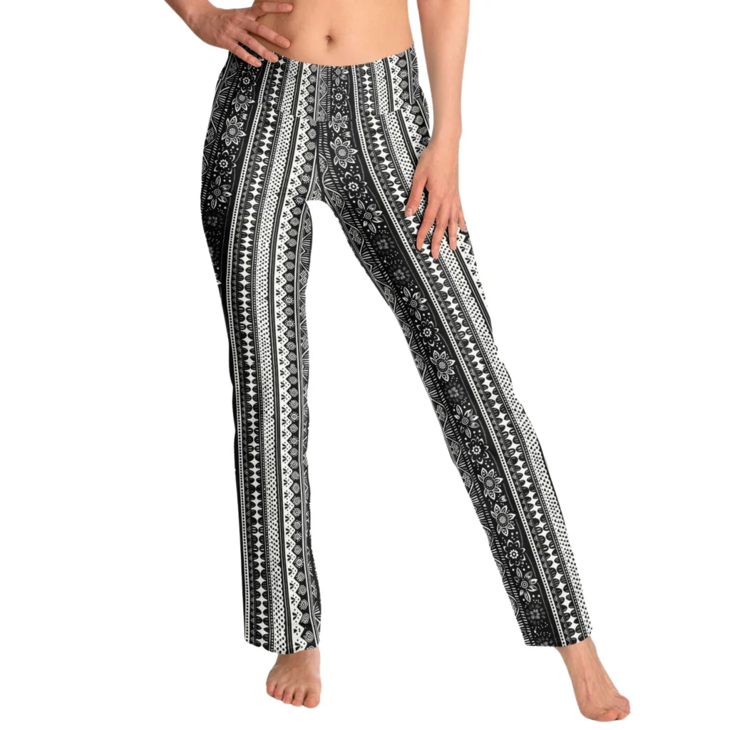 Grey Flared Leggings With 70s Ethnic Stripe Print