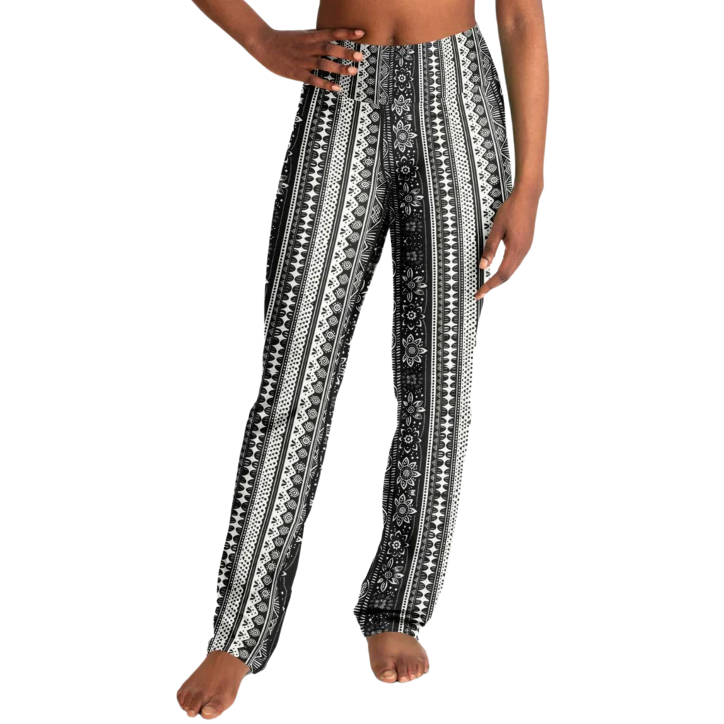 Grey Flared Leggings With 70s Ethnic Stripe Print