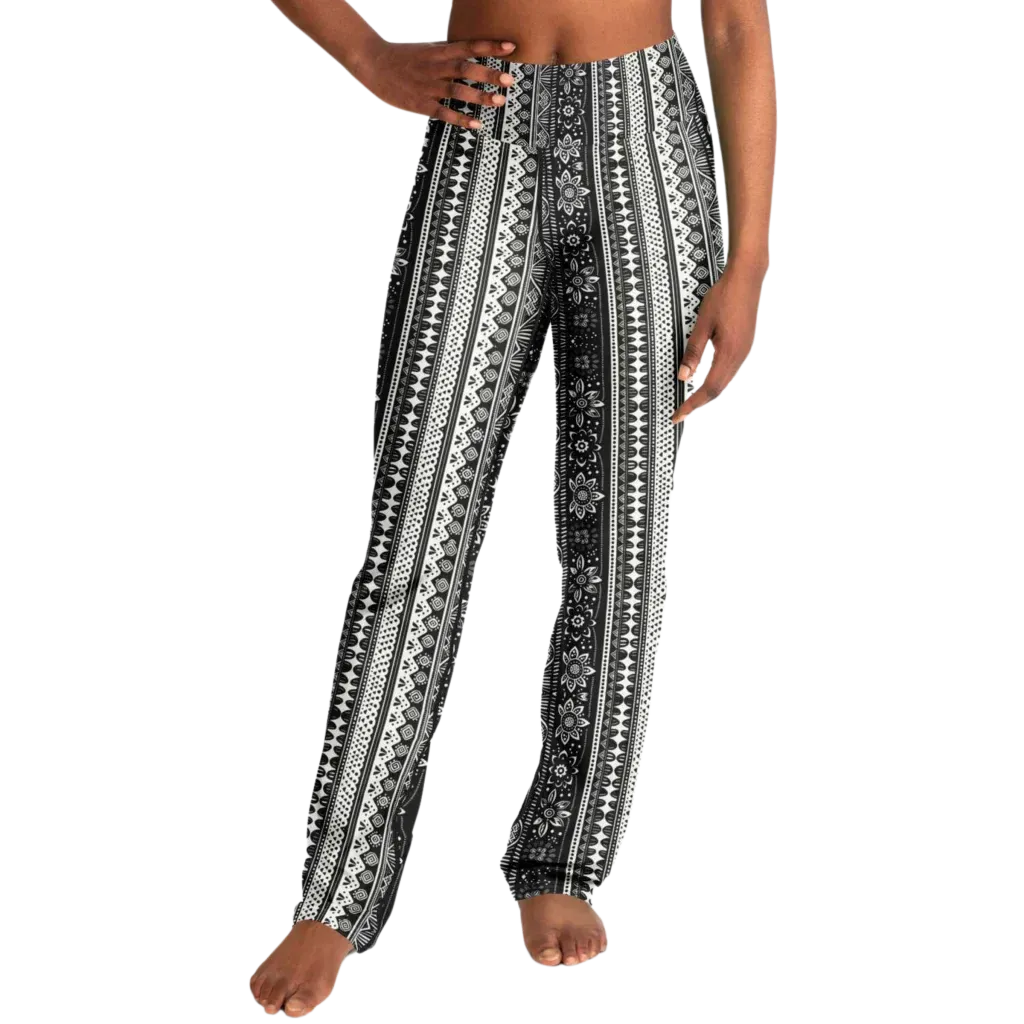 Grey Flared Leggings With 70s Ethnic Stripe Print