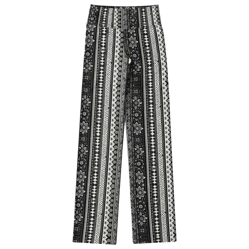 Grey Flared Leggings With 70s Ethnic Stripe Print
