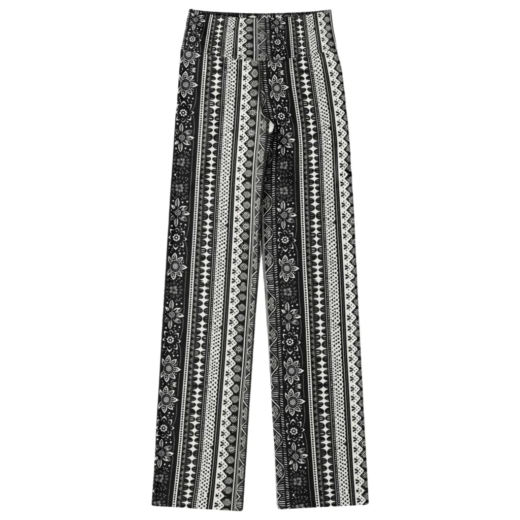 Grey Flared Leggings With 70s Ethnic Stripe Print