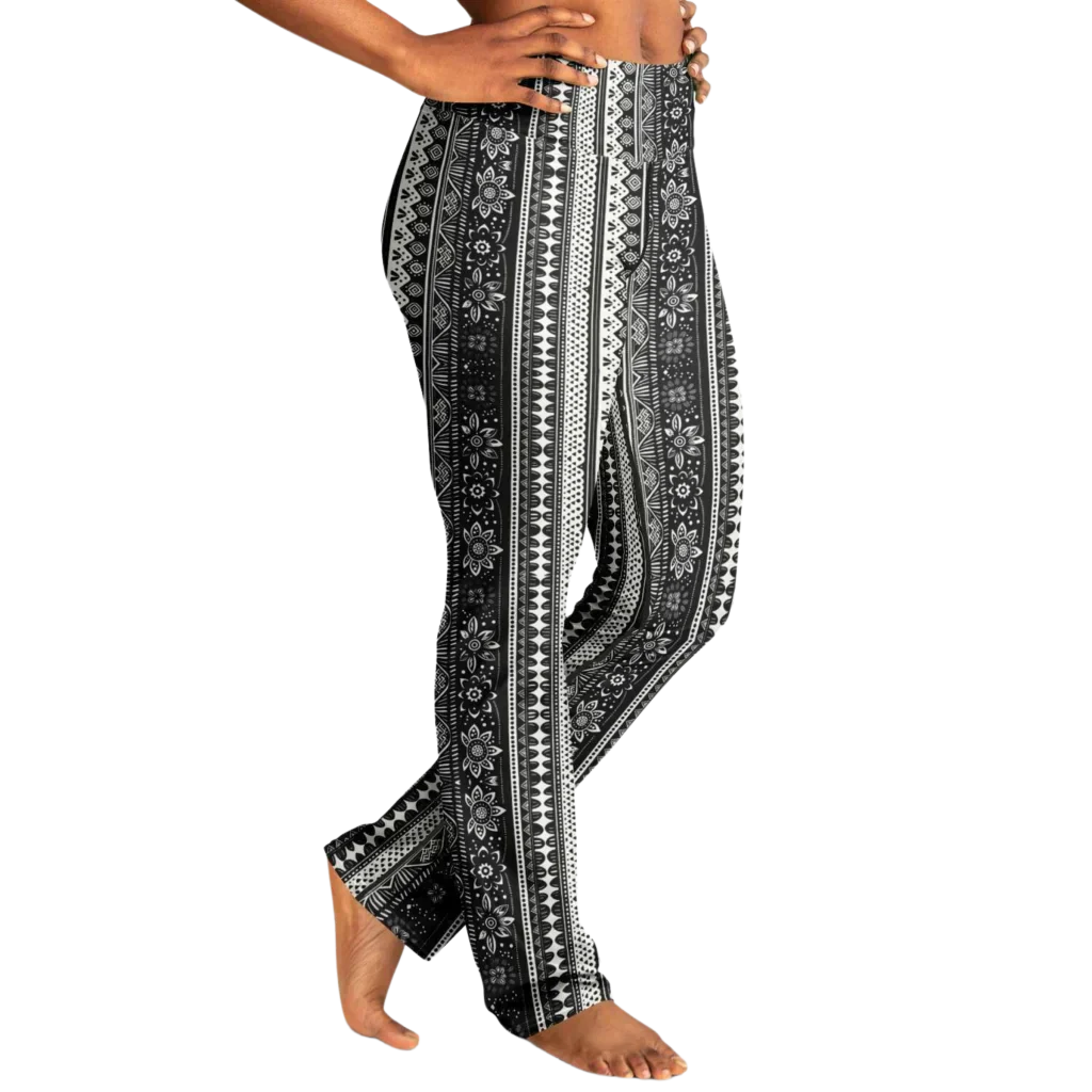 Grey Flared Leggings With 70s Ethnic Stripe Print