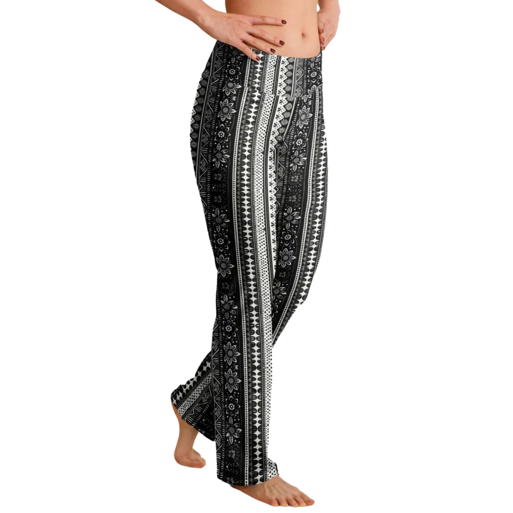 Grey Flared Leggings With 70s Ethnic Stripe Print