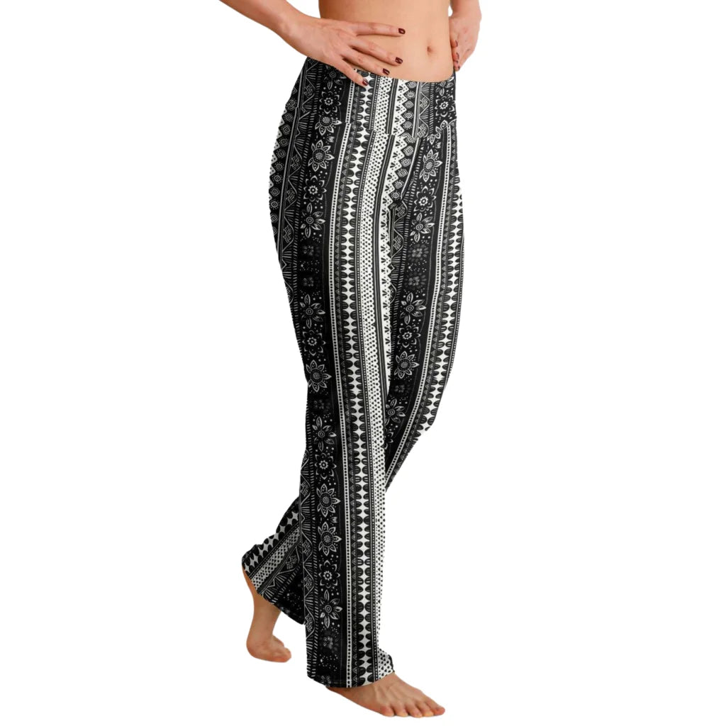 Grey Flared Leggings With 70s Ethnic Stripe Print