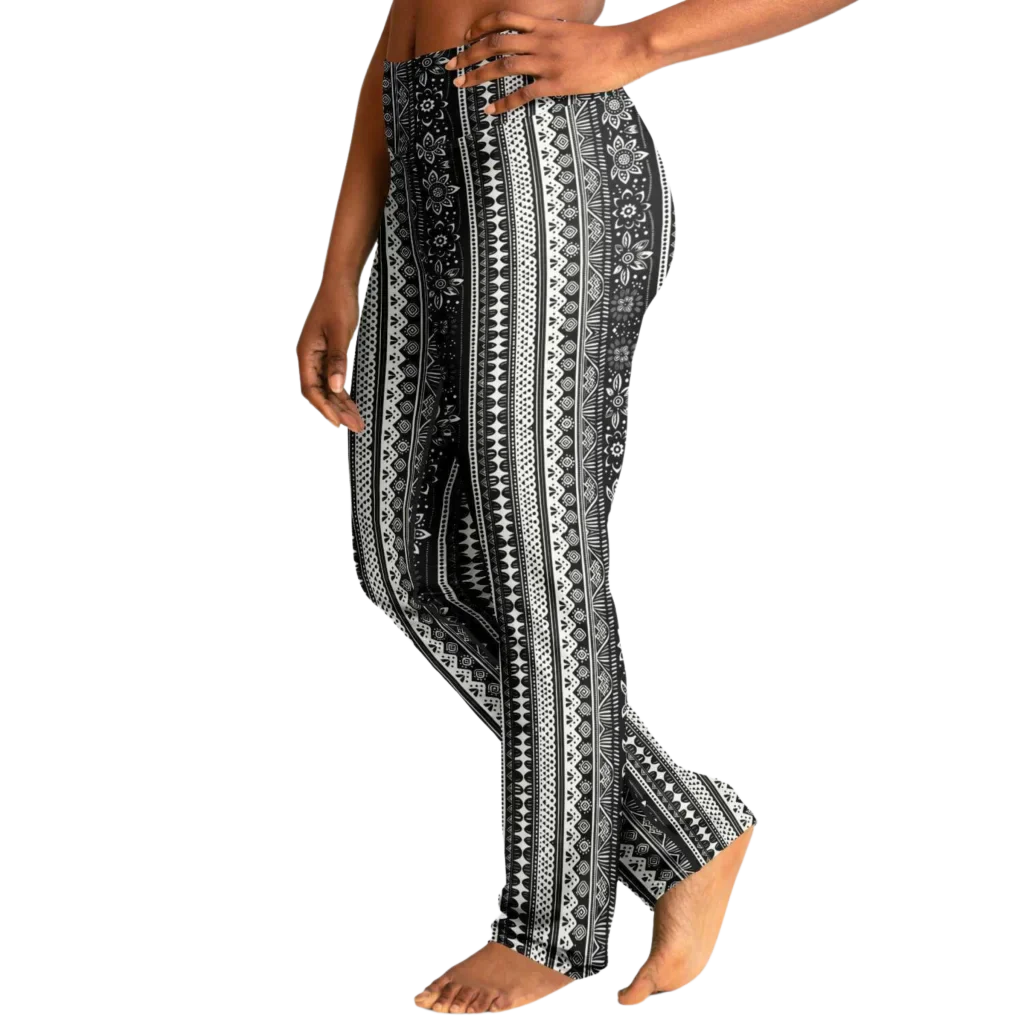 Grey Flared Leggings With 70s Ethnic Stripe Print