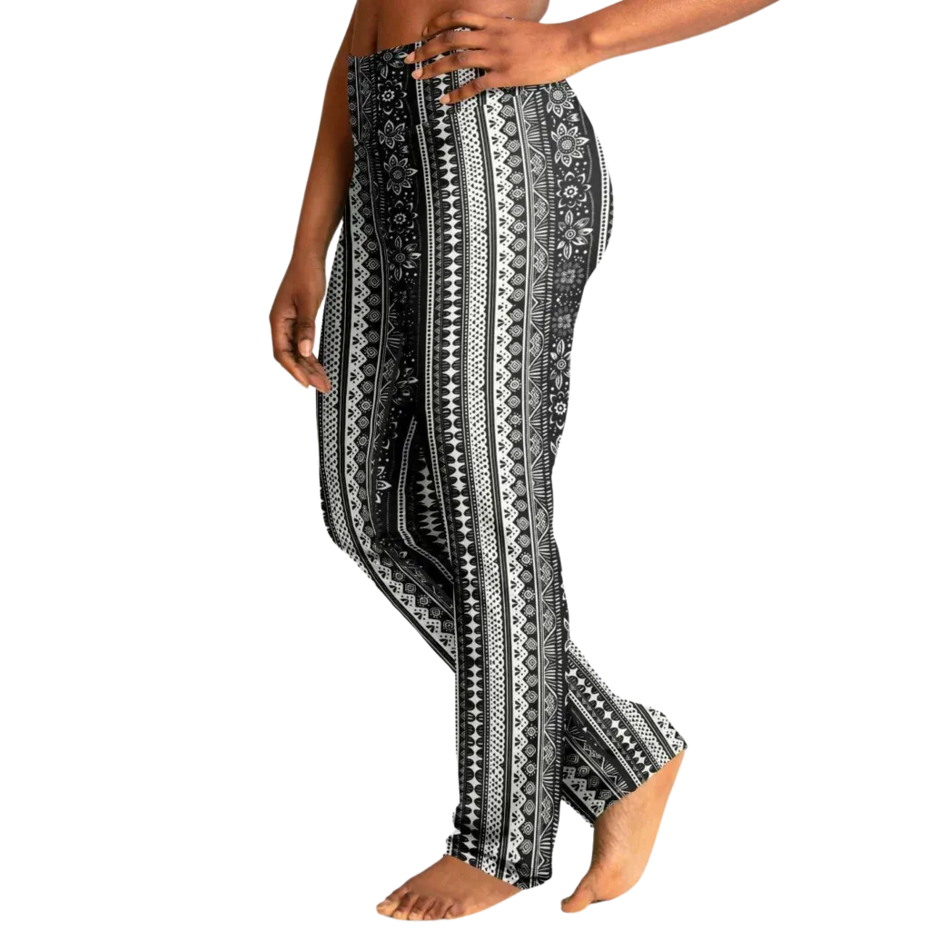 Grey Flared Leggings With 70s Ethnic Stripe Print