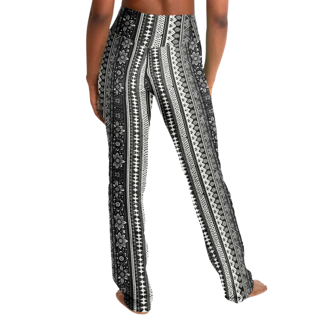 Grey Flared Leggings With 70s Ethnic Stripe Print