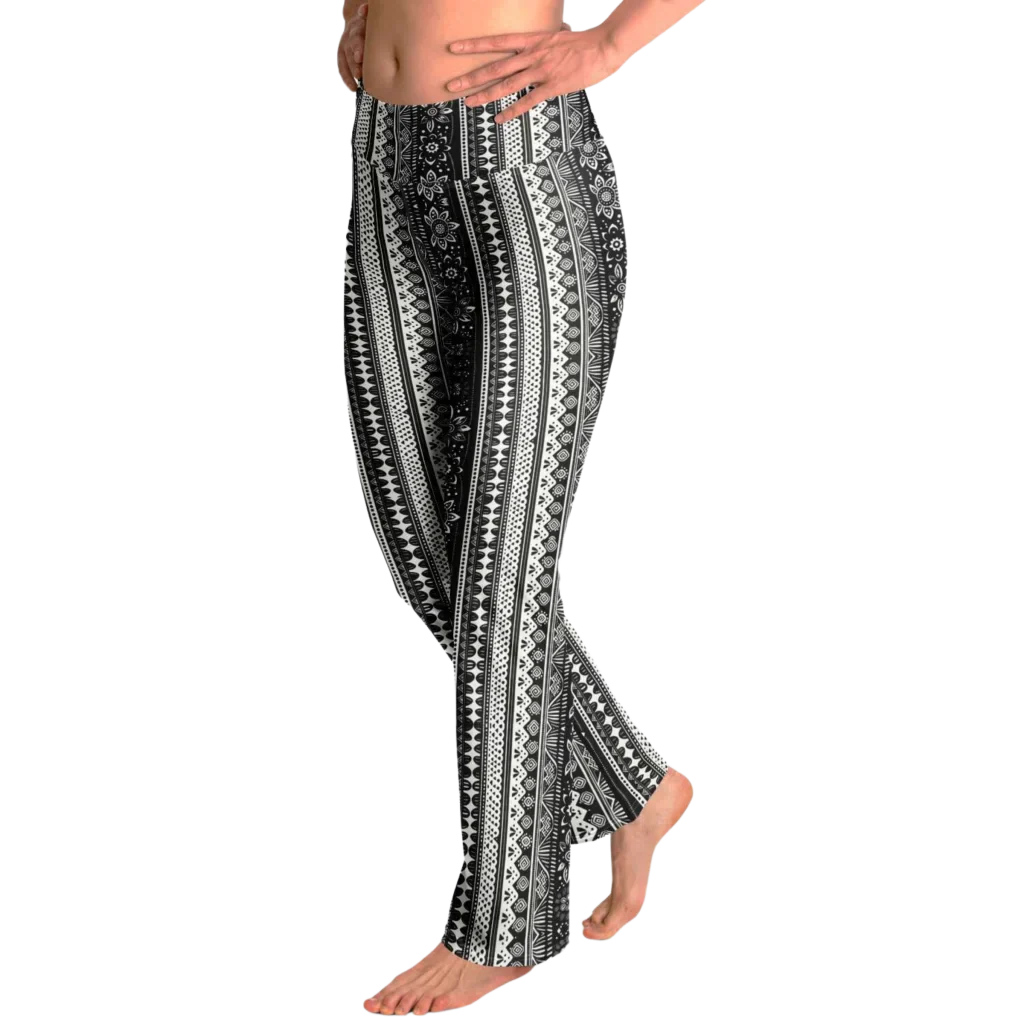 Grey Flared Leggings With 70s Ethnic Stripe Print