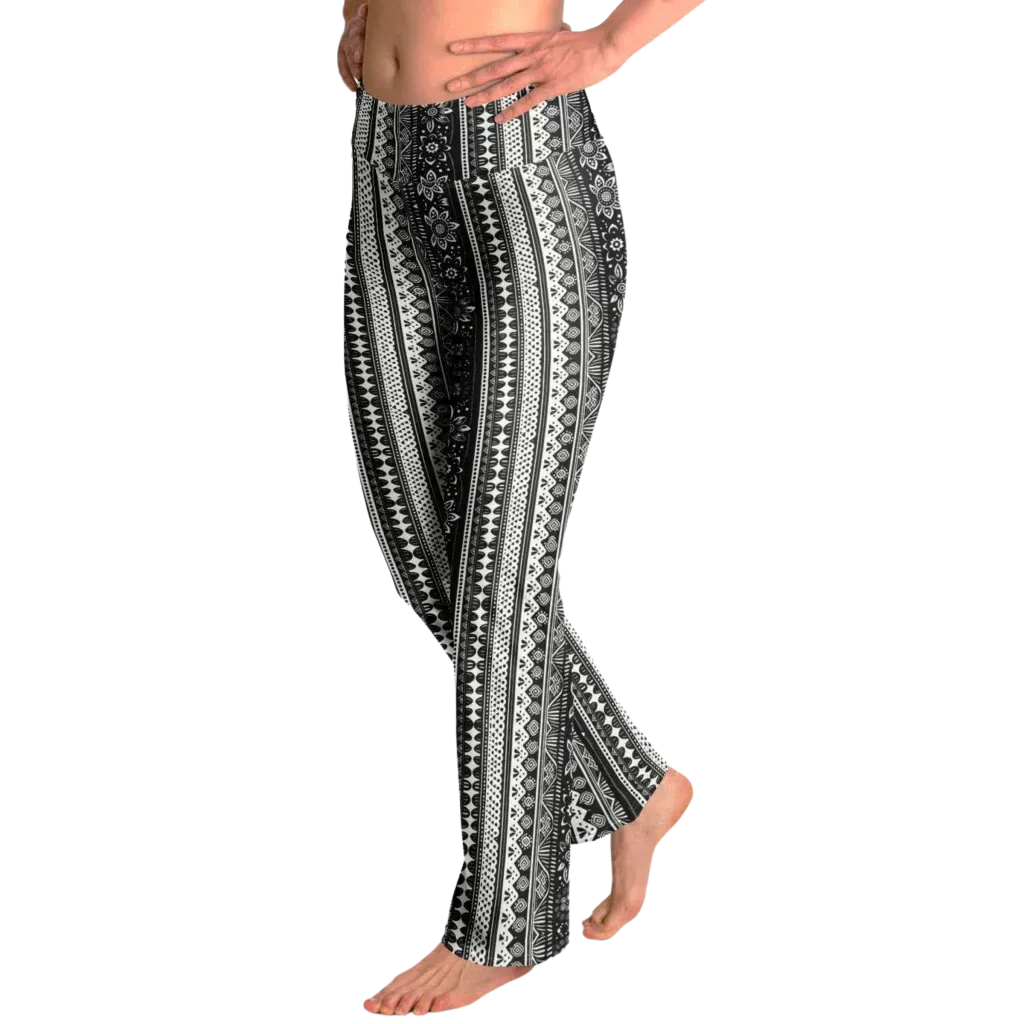 Grey Flared Leggings With 70s Ethnic Stripe Print