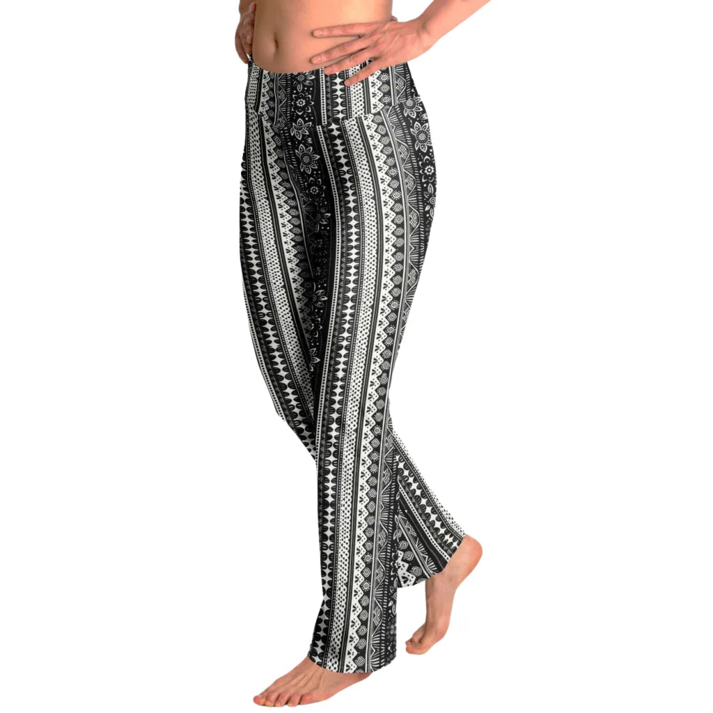 Grey Flared Leggings With 70s Ethnic Stripe Print