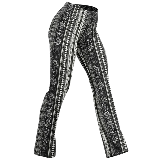 Grey Flared Leggings With 70s Ethnic Stripe Print - XS