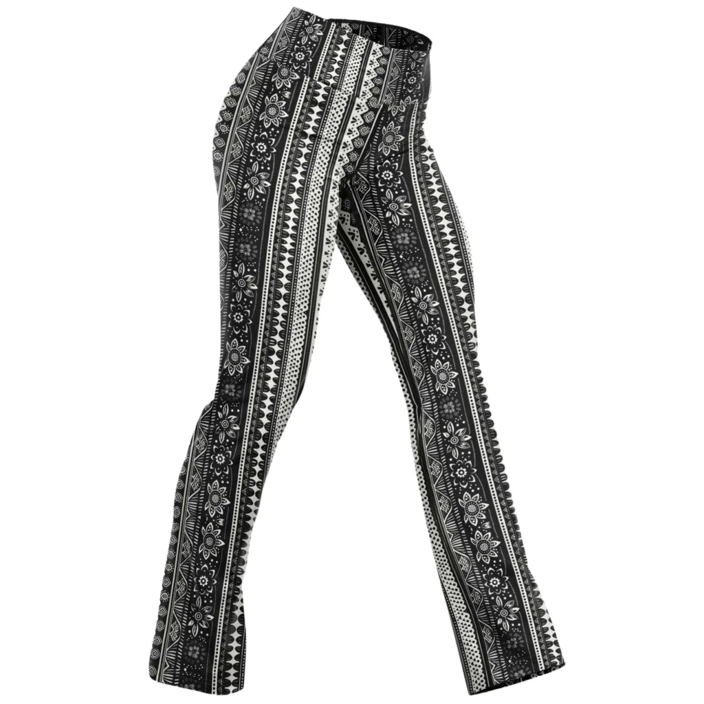 Grey Flared Leggings With 70s Ethnic Stripe Print - XS