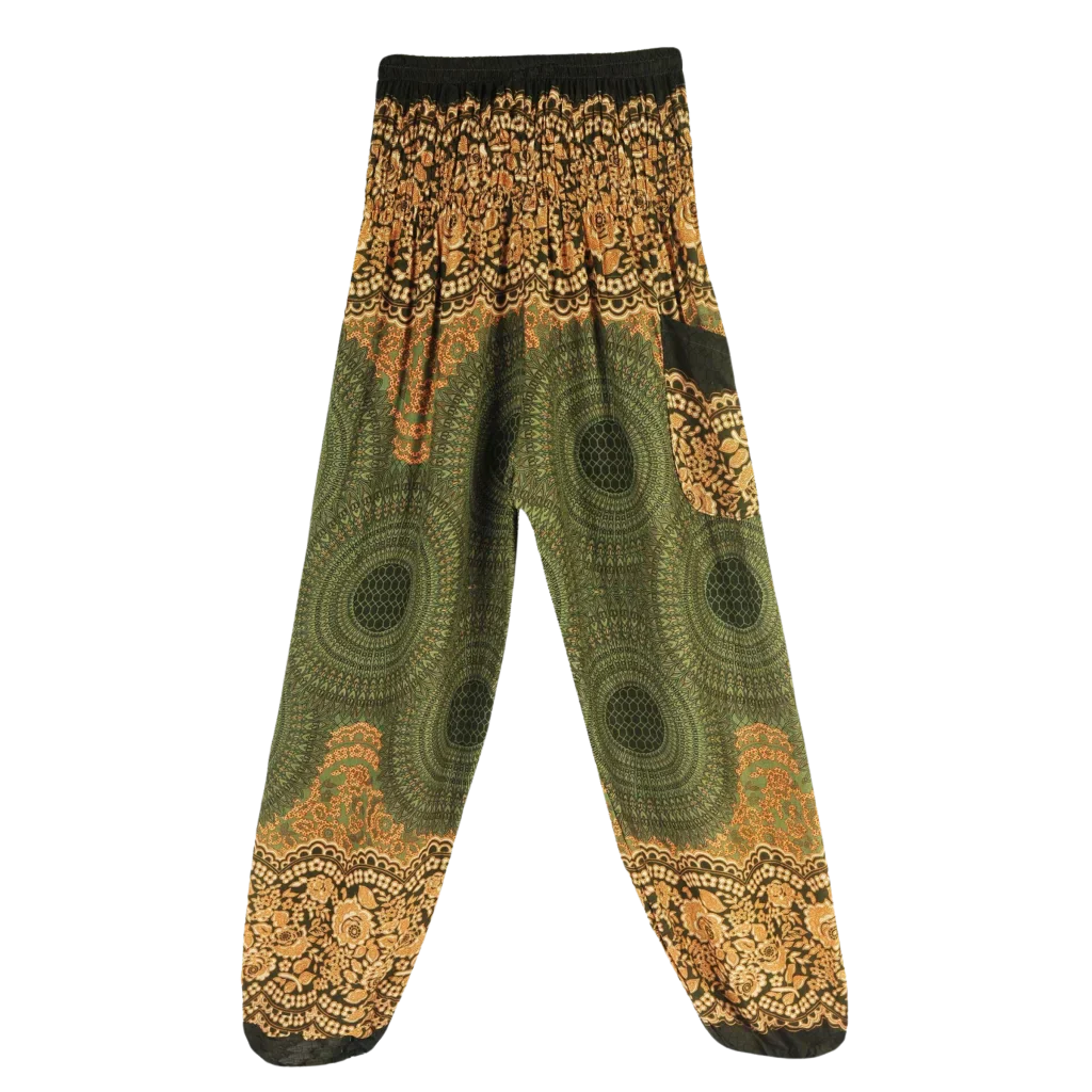 Ladies Boho Pants With High Waist Cotton Comfort - Green / one size