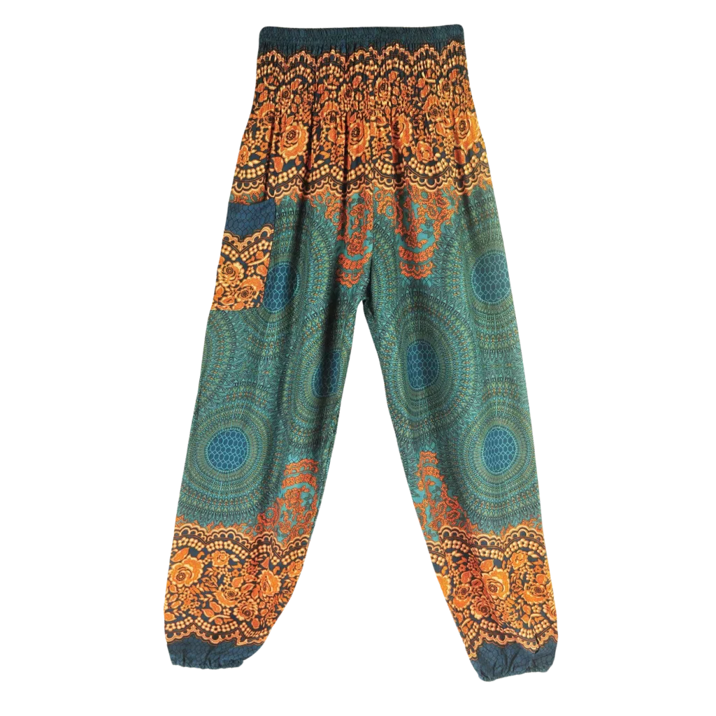 Ladies Boho Pants With High Waist Cotton Comfort - Mediterranean Green / one size