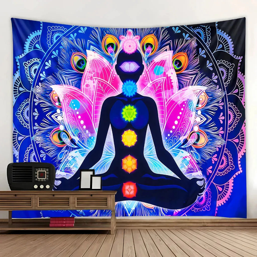 Large Tapestry With Chakra Symbols In Boho Style - 21Style / 150x130 cm