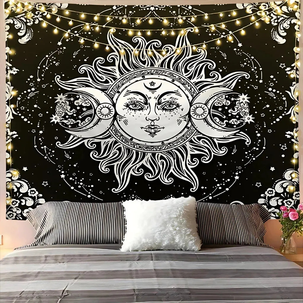 Large Wall Tapestry With Sun And Moon Mandalas - F / 95x73 cm