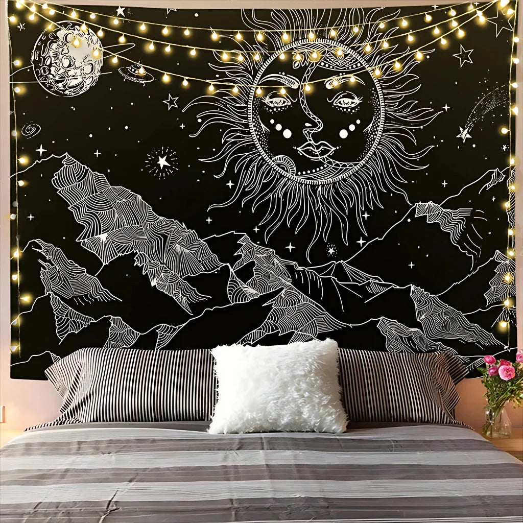 Large Wall Tapestry With Sun And Moon Mandalas - H / 95x73 cm