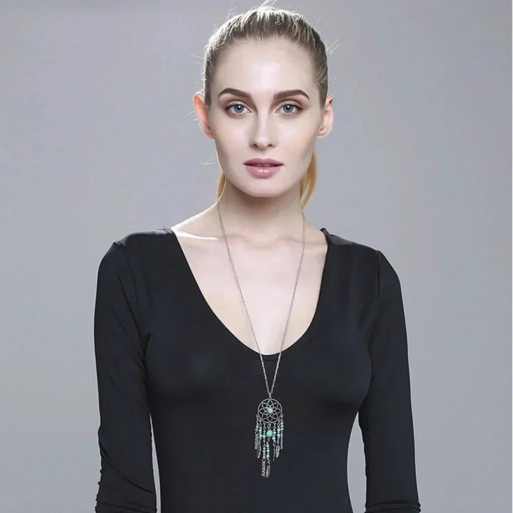 Long Bohemian Necklaces With Dreamcatcher Pendant - Silver