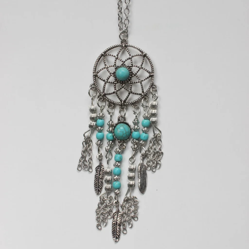 Long Bohemian Necklaces With Dreamcatcher Pendant - Silver