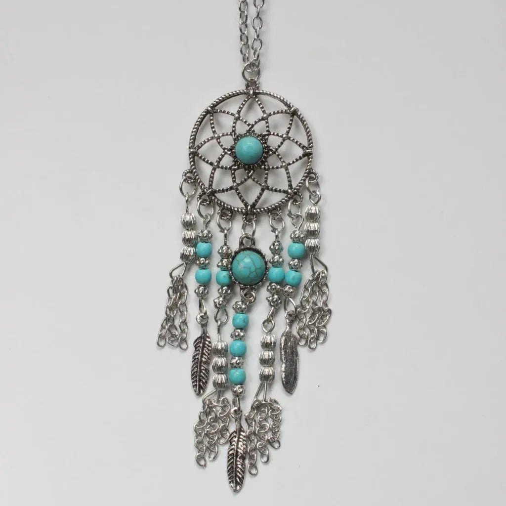 Long Bohemian Necklaces With Dreamcatcher Pendant - Silver