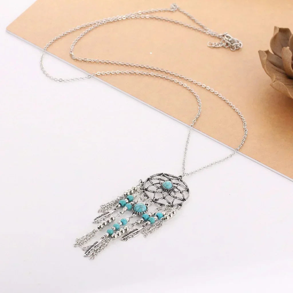 Long Bohemian Necklaces With Dreamcatcher Pendant - Silver