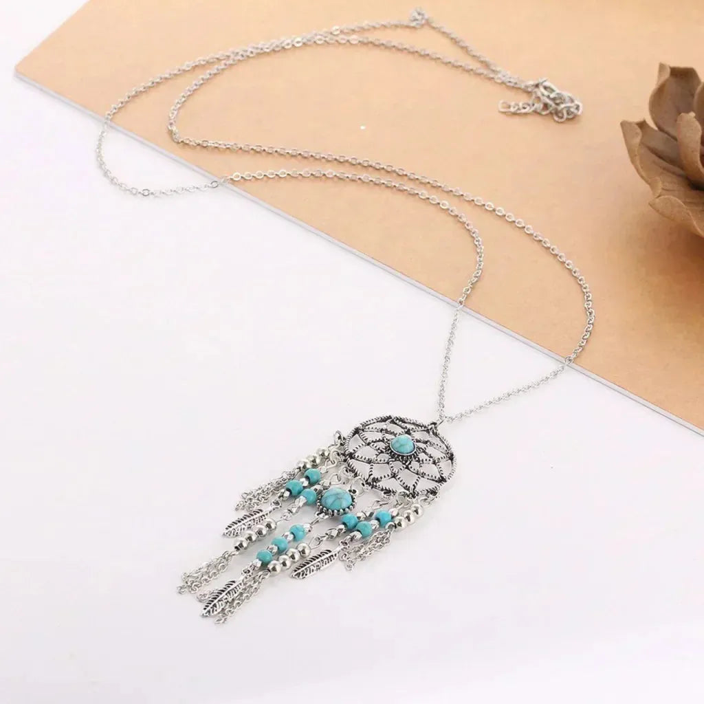 Long Bohemian Necklaces With Dreamcatcher Pendant - Silver