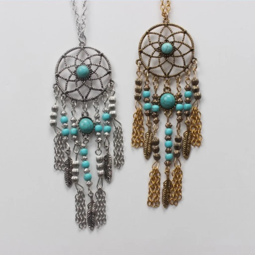 Long Bohemian Necklaces With Dreamcatcher Pendant - Silver