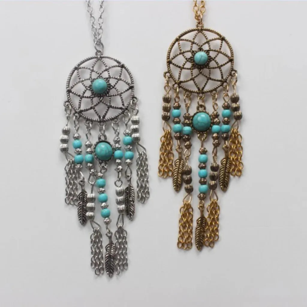 Long Bohemian Necklaces With Dreamcatcher Pendant - Silver