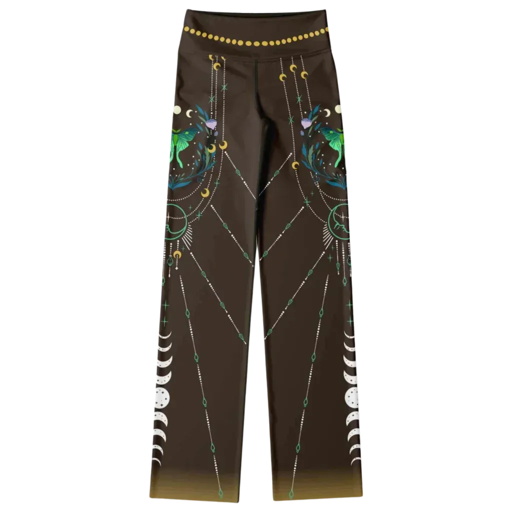 Luna Moth Brown Flare Leggings With Moon Phases