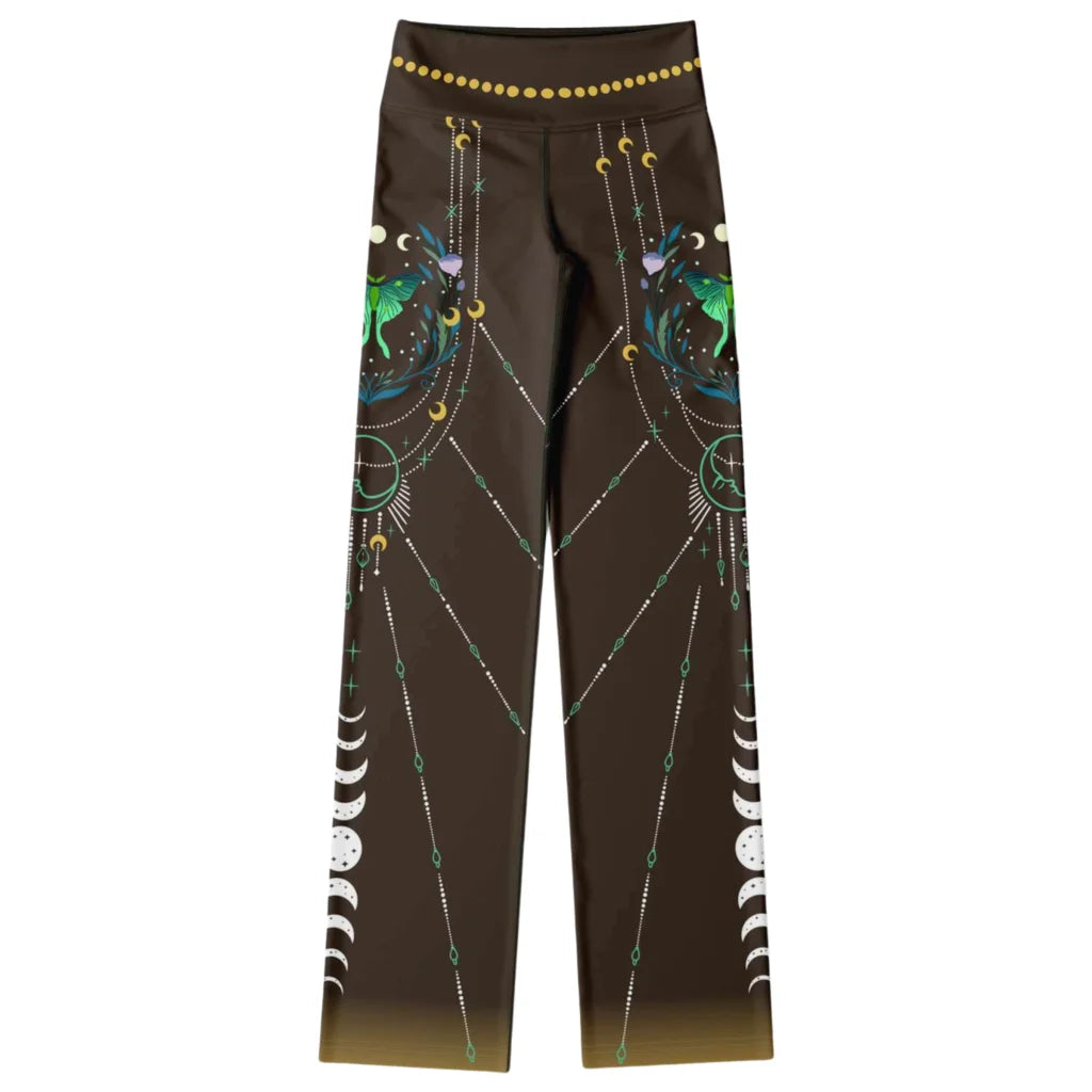 Luna Moth Brown Flare Leggings With Moon Phases