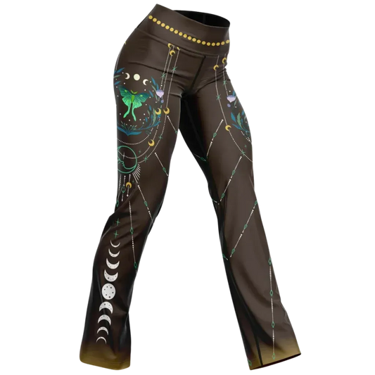 Luna Moth Brown Flare Leggings With Moon Phases - XS