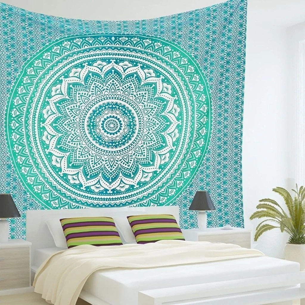 Mandala Tapestry Wall Hanging In Green And Blue - Style A / 150x100 cm