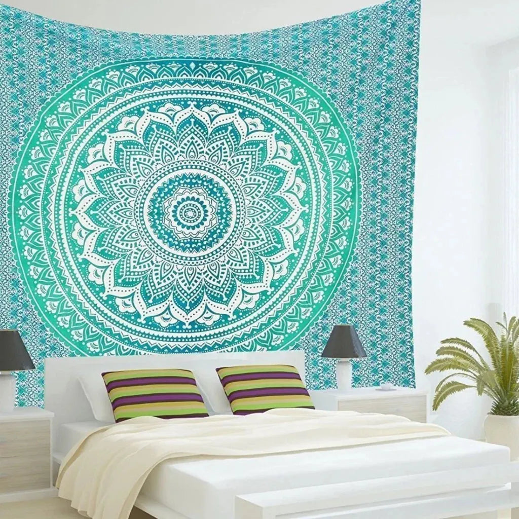 Mandala Tapestry Wall Hanging In Green And Blue - Style A / 150x100 cm