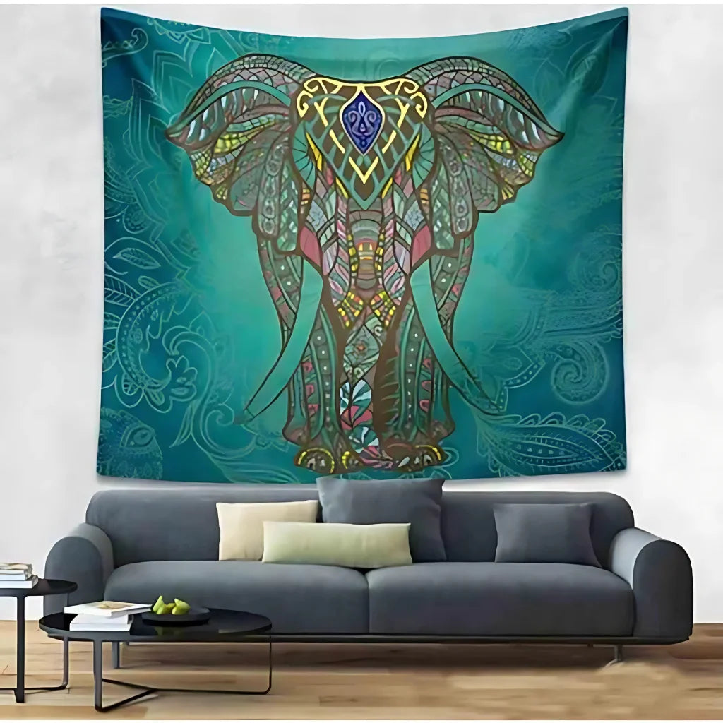Mandala Wall Tapestry With Elephant Design - An ink green elephant / L