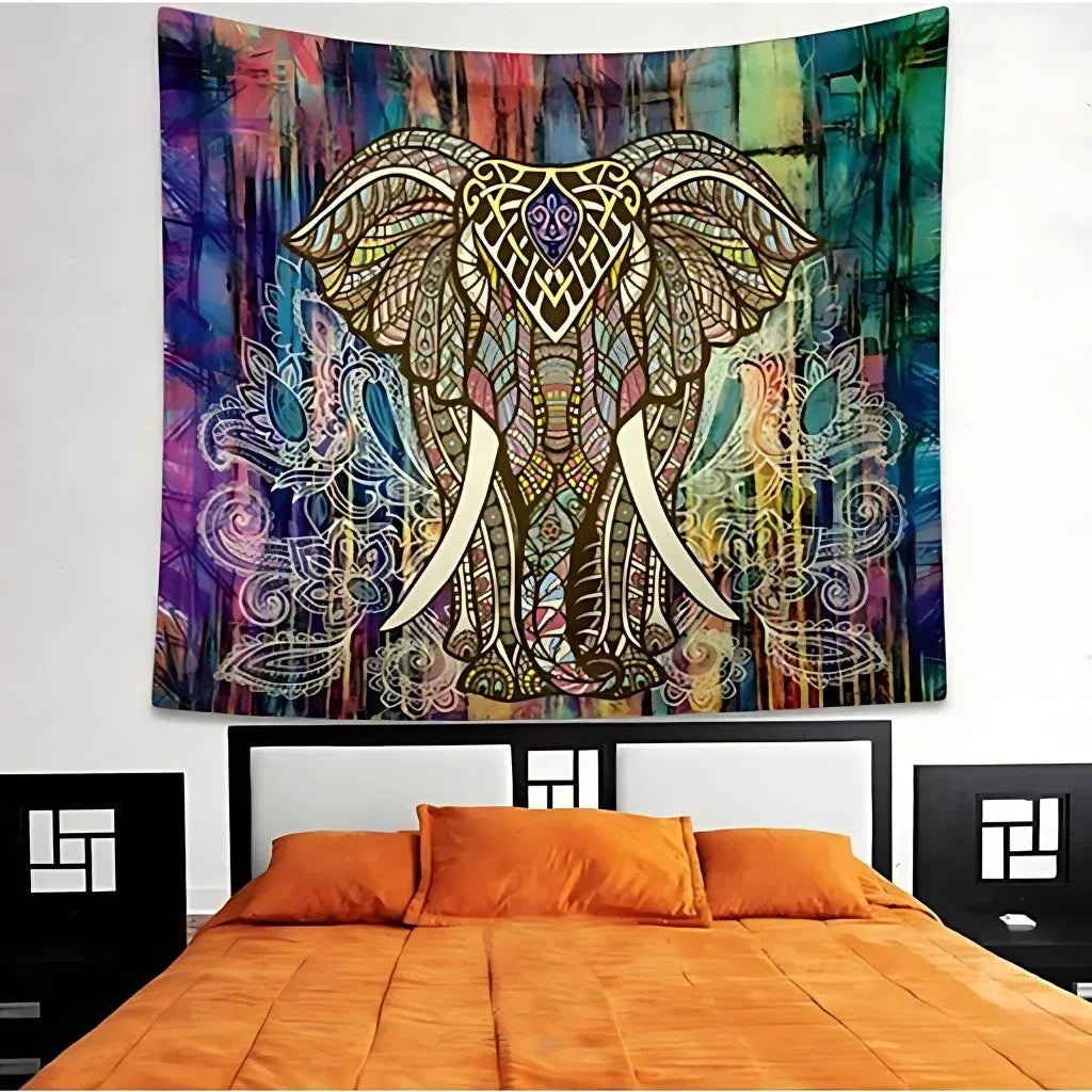 Mandala Wall Tapestry With Elephant Design - Colourful elephant / L