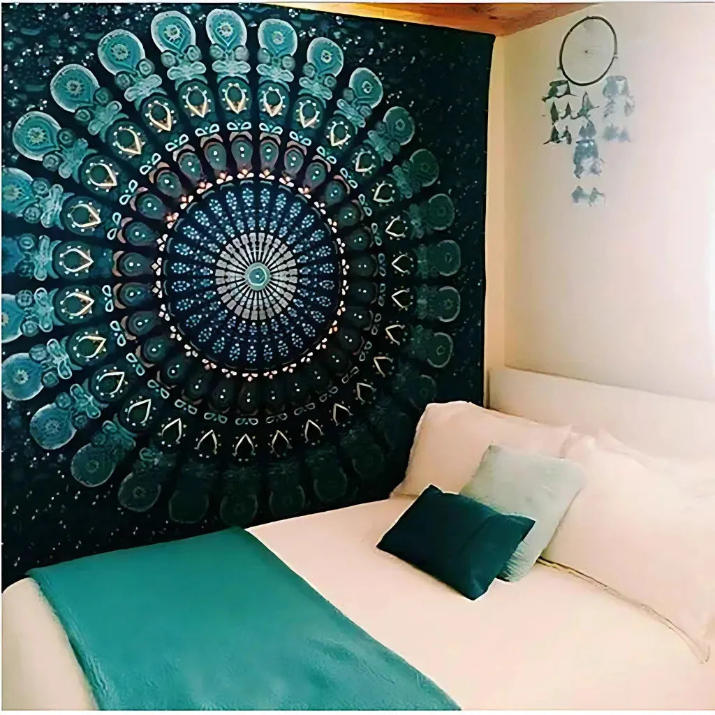Mandala Wall Tapestry With Elephant Design - Green Peacock / L